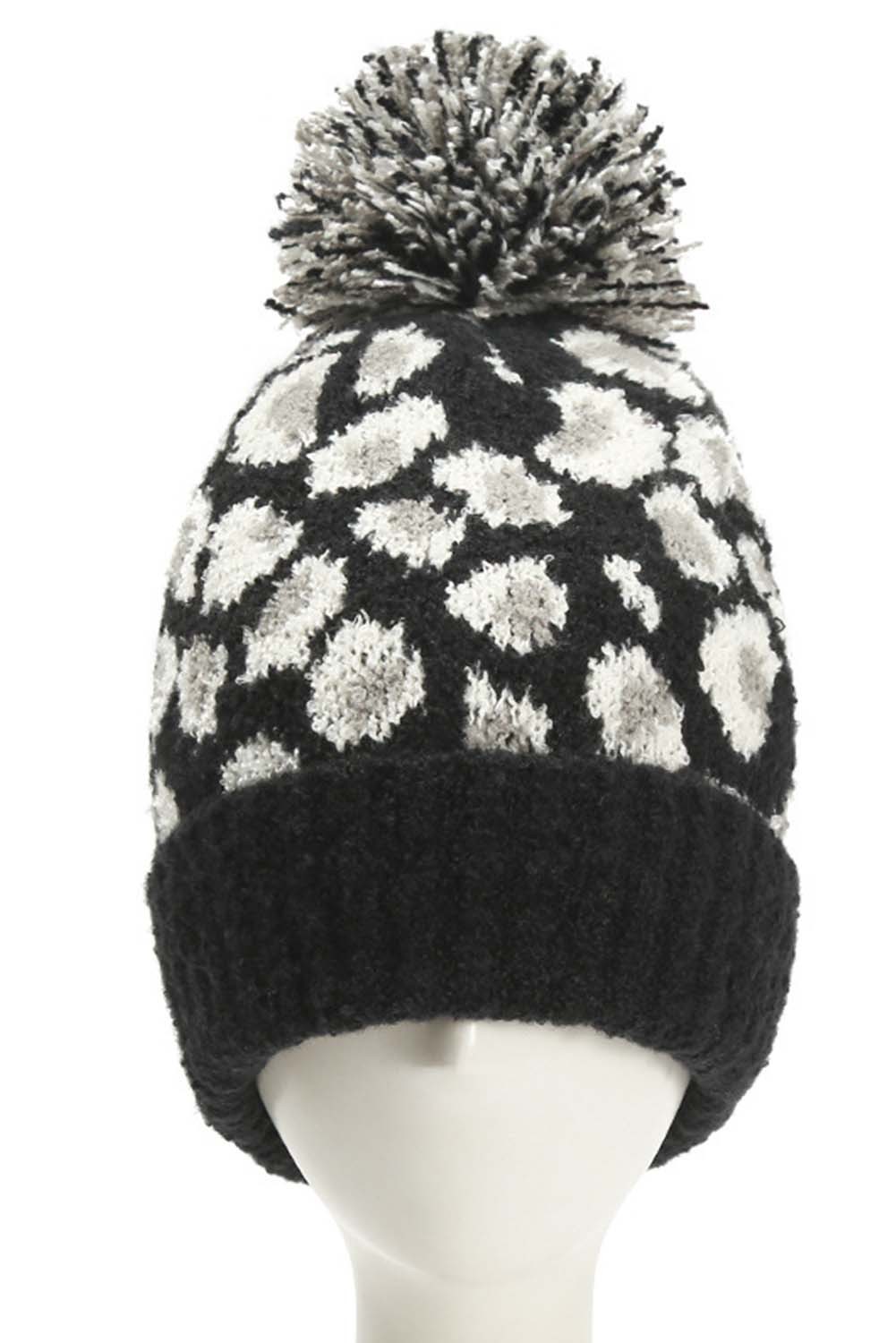 黑色豹纹罗纹绒球针织帽 LC02596
