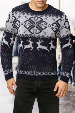 海军蓝圣诞驯鹿几何针织男式毛衣