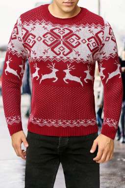 红色圣诞驯鹿几何针织男式毛衣