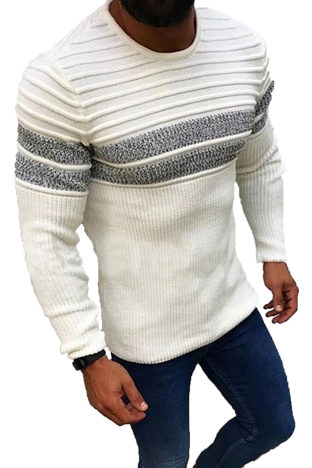 白色休闲条纹纹理拼色男式舒适针织毛衣 MC27077
