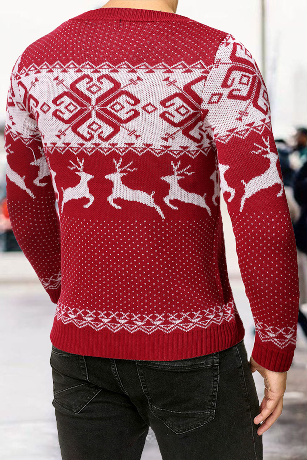 红色圣诞驯鹿几何针织男式毛衣 MC27075