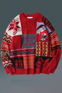 红色休闲几何图形字母圣诞针织男式套头毛衣