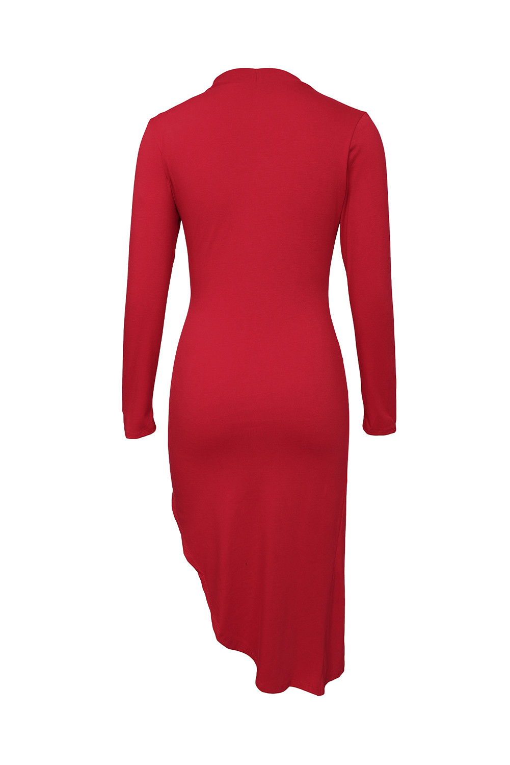 红色时尚优雅半高领长袖扭结开衩紧身连衣裙 LC618017