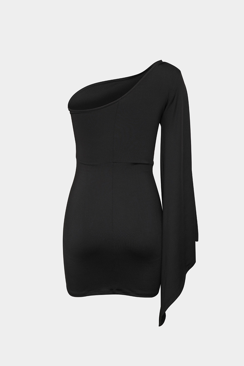 黑色优雅单肩不对称袖褶皱紧身迷你连衣裙 LC2210116