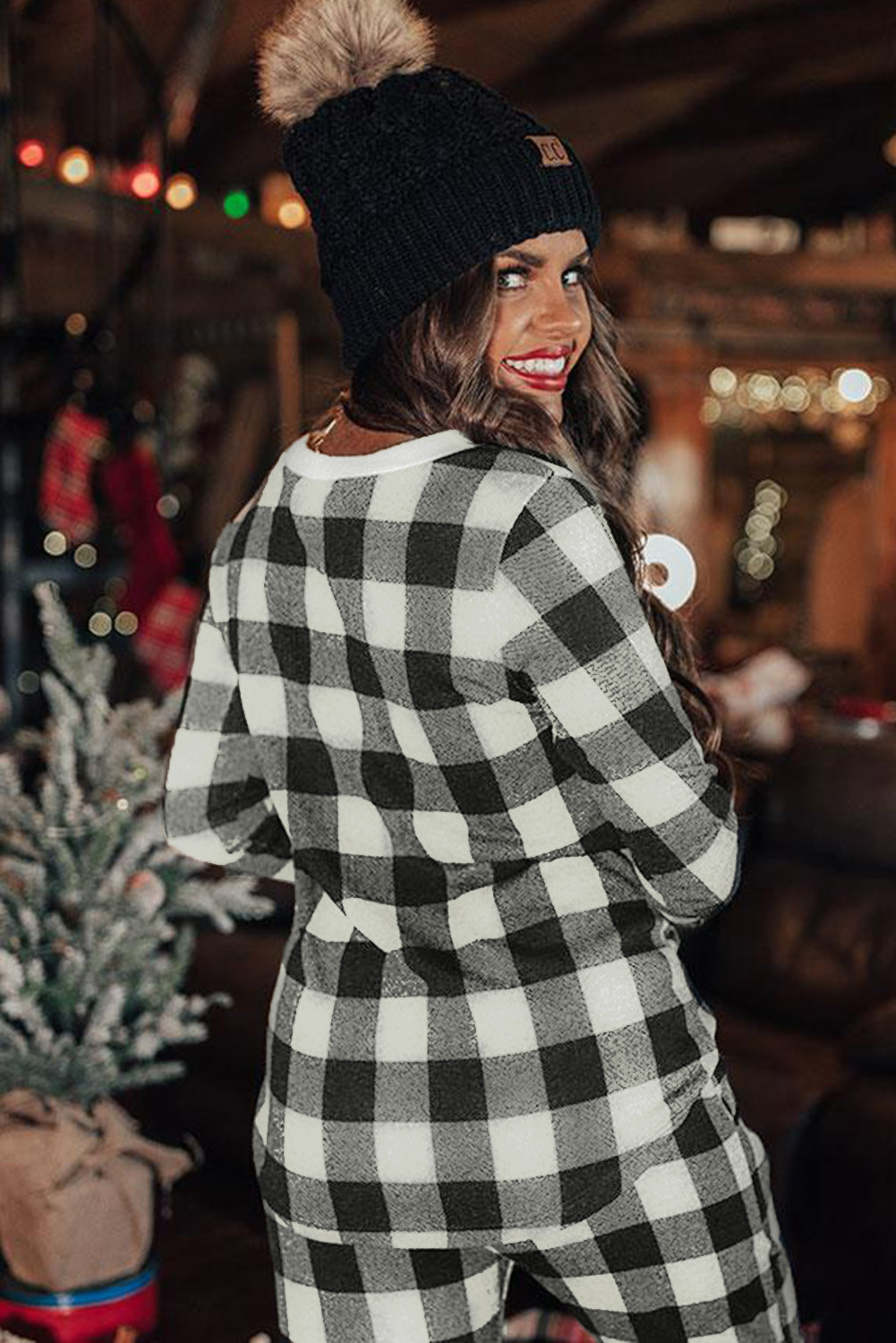 黑白圣诞格子印花长袖上衣和长裤休闲家居套装 LC4512152