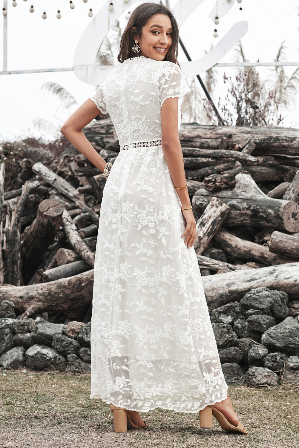 White V Neck Lace Maxi Dress LC611245
