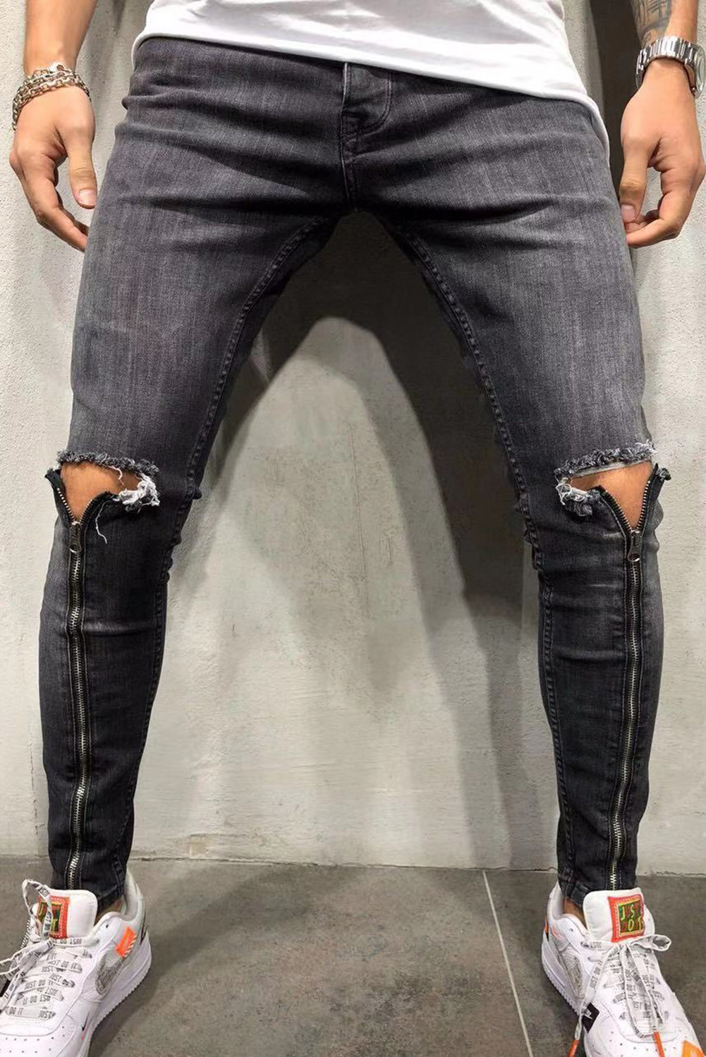 灰色男士破洞拉链设计修身舒适牛仔裤 MC783019