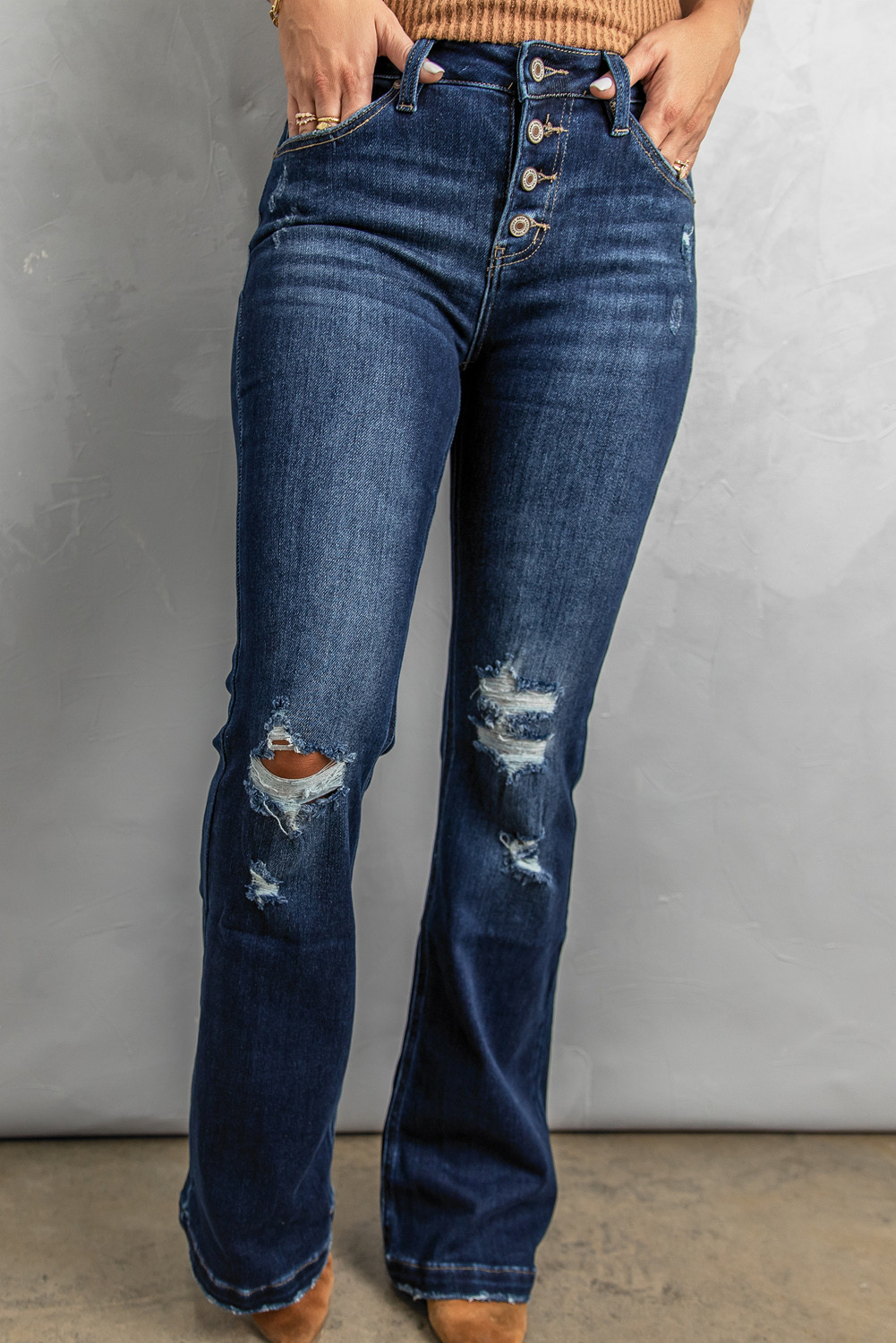 Dark Washed Distressed Flare Bottom Jeans LC783659
