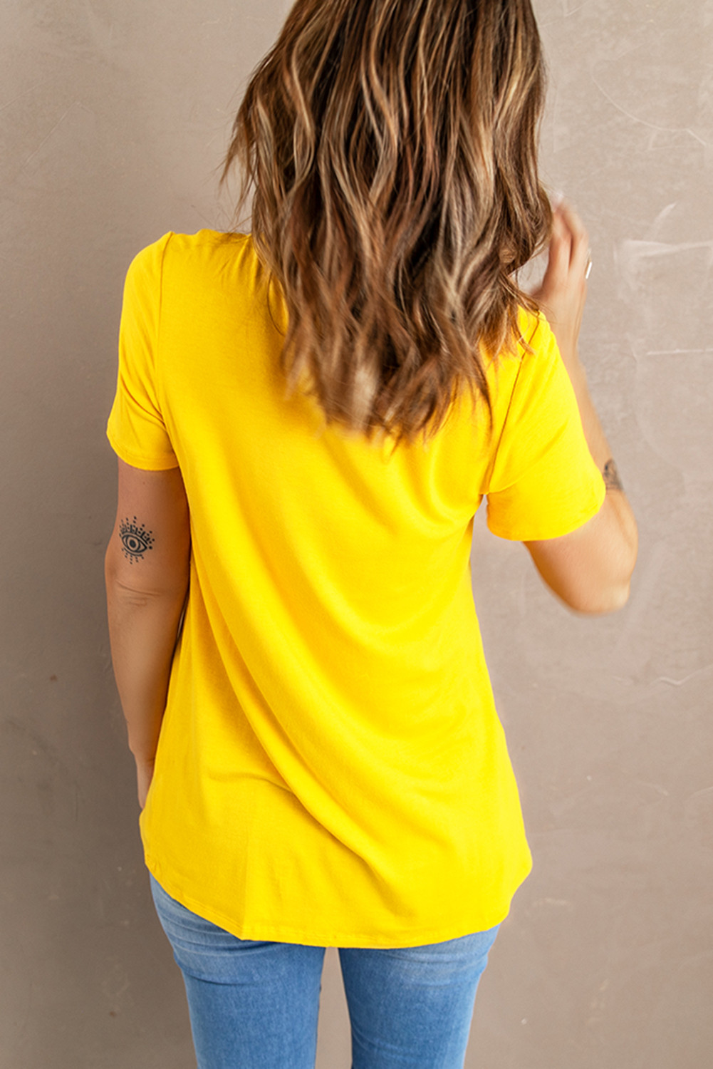 黄色舒适休闲字母仙人掌图案透气女士T恤 LC252196