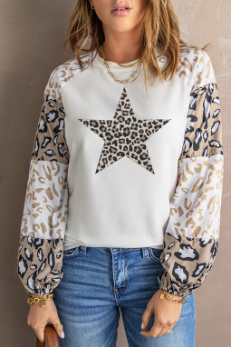 时尚拼色豹纹泡泡袖星星图案印花休闲上衣