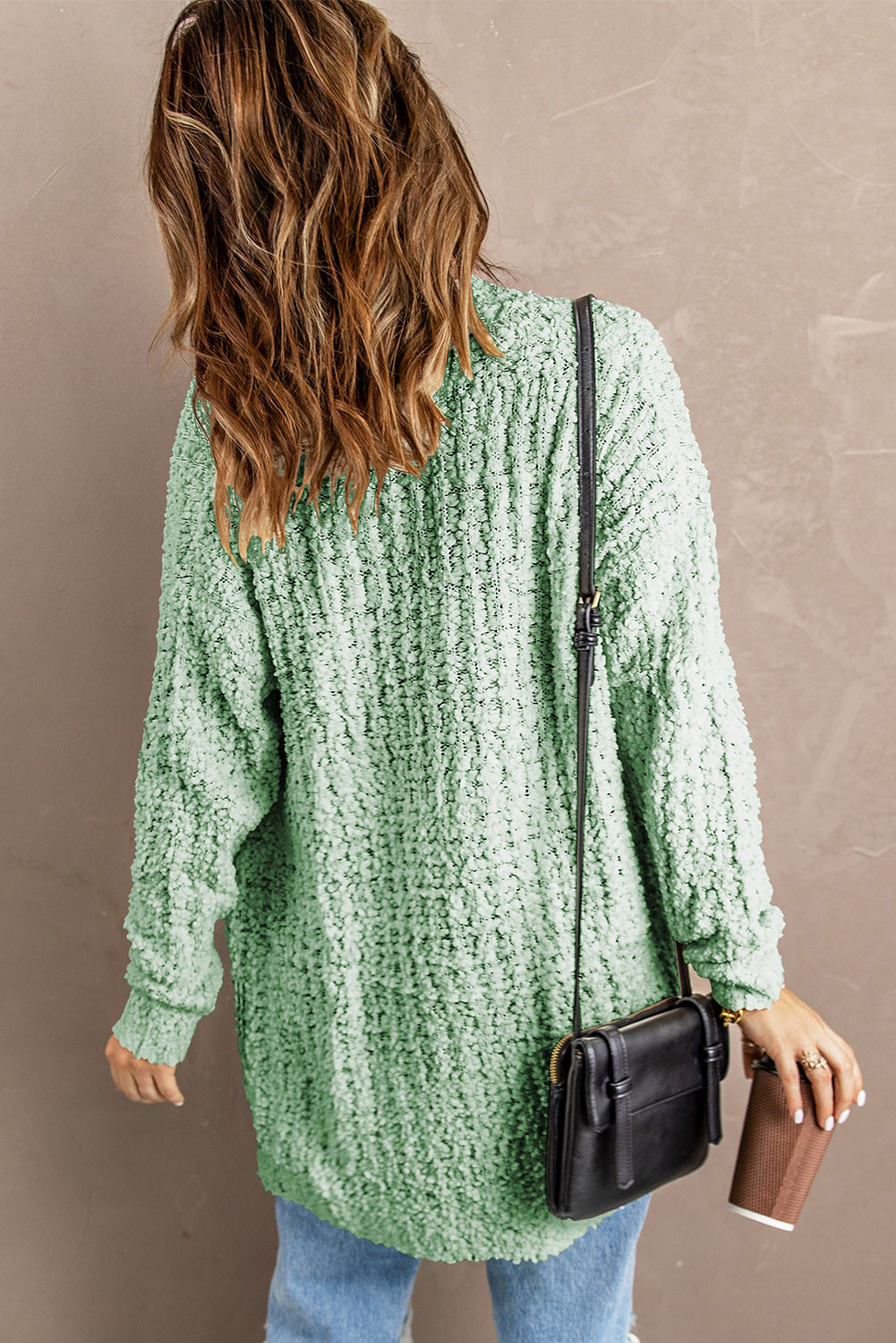 浅绿时尚舒适暖和侧袋中长款毛衣开衫 LC27866