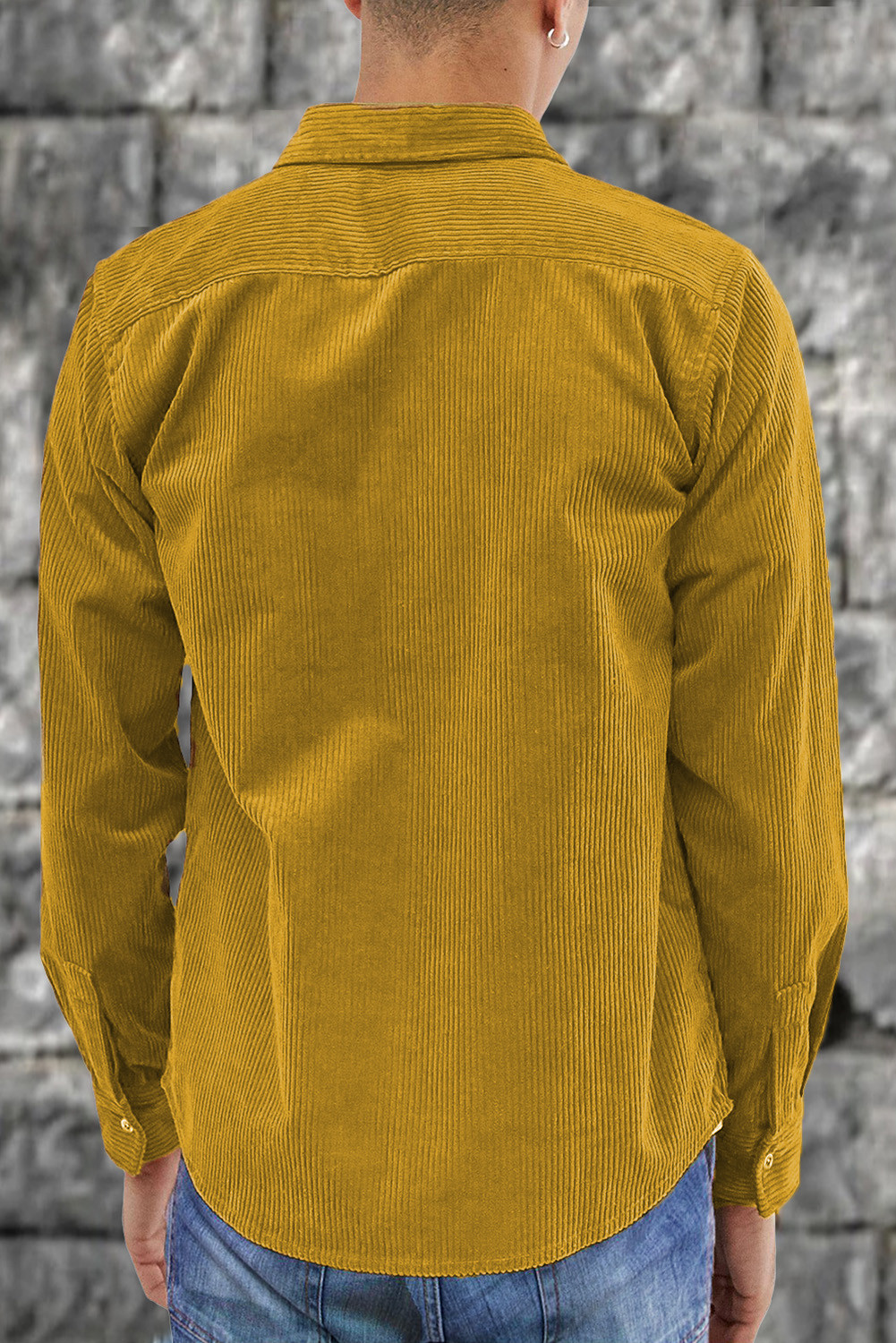 黄色时尚休闲男士灯芯绒翻盖口袋纽扣衬衫 MC255147
