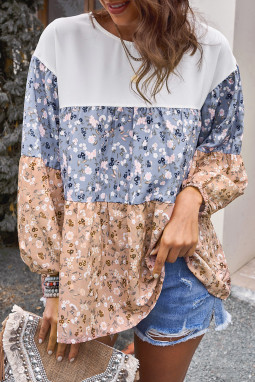 Floral Splicing Puff Long Sleeve Tunic Top