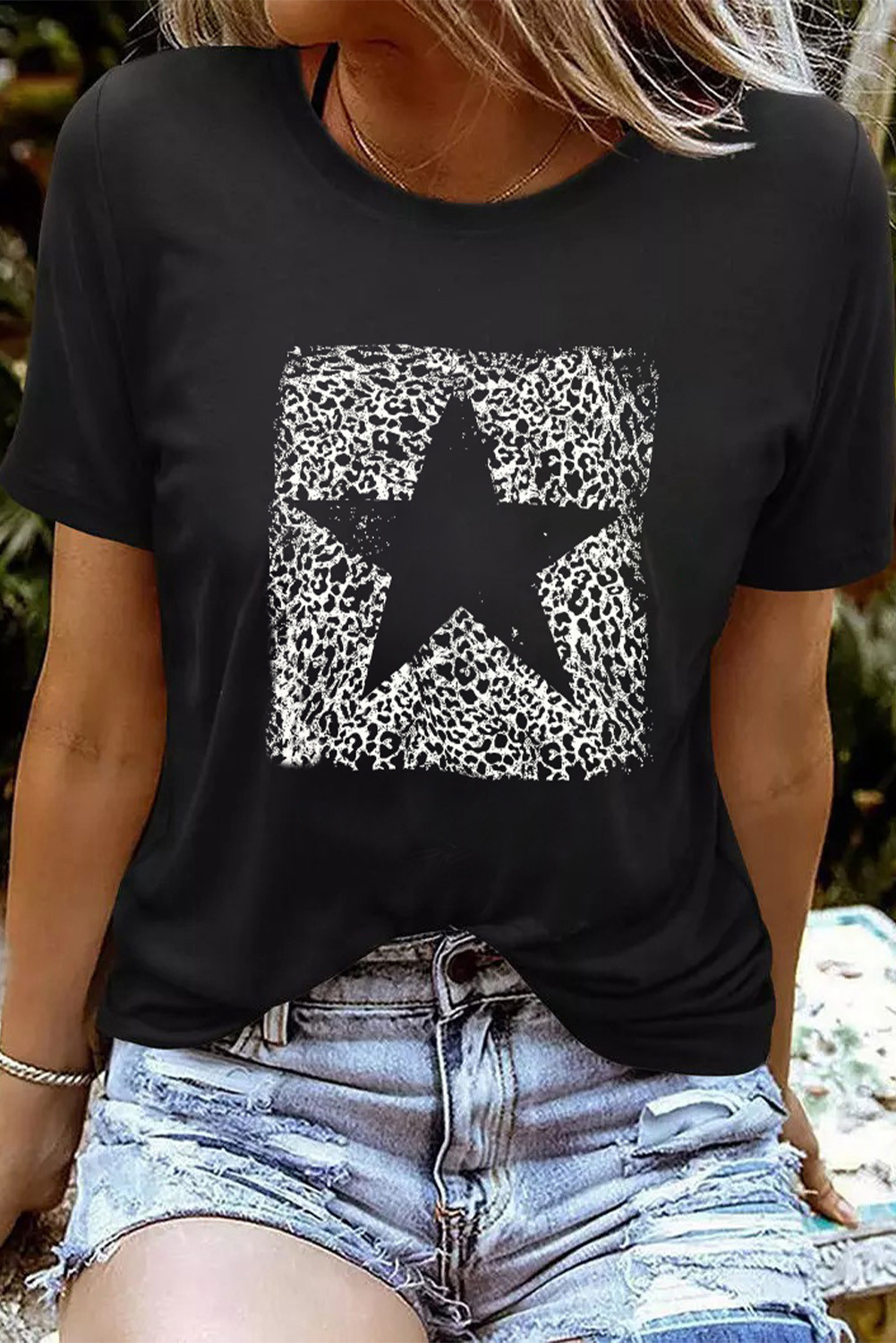 黑色别致豹纹星星图案圆领短袖女士T恤 LC2526272