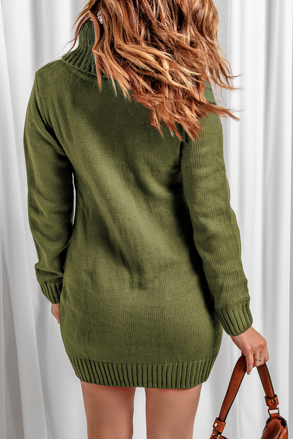 绿色流行拼色高翻领长袖暖和针织连衣毛线裙 LC27836