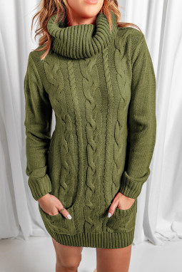 绿色流行拼色高翻领长袖暖和针织连衣毛线裙