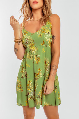 绿色优雅可爱花卉图案露背细肩带飘逸连衣裙