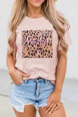 粉色休闲豹纹字母图案圆领短袖舒适女士T恤