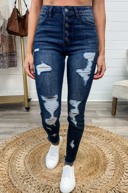 High Rise Multi Button Ripped Jeans