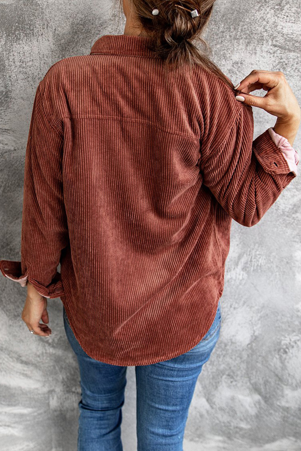 砖红色时尚休闲格纹印花纽扣双面可穿灯芯绒夹克 LC8511650