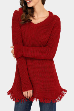 红色 V 领华夫格针织毛衣