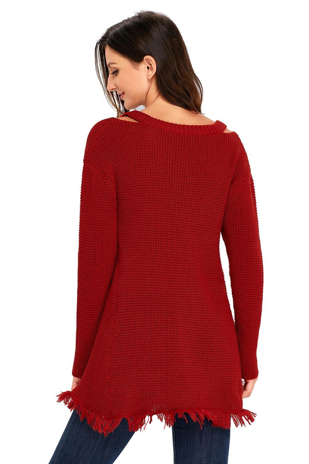红色 V 领华夫格针织毛衣 LC27673