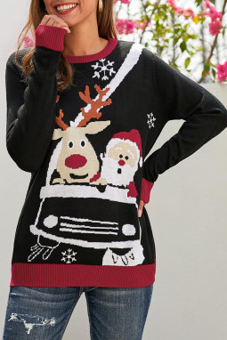黑色驯鹿圣诞老人卡通印花丑陋圣诞毛衣