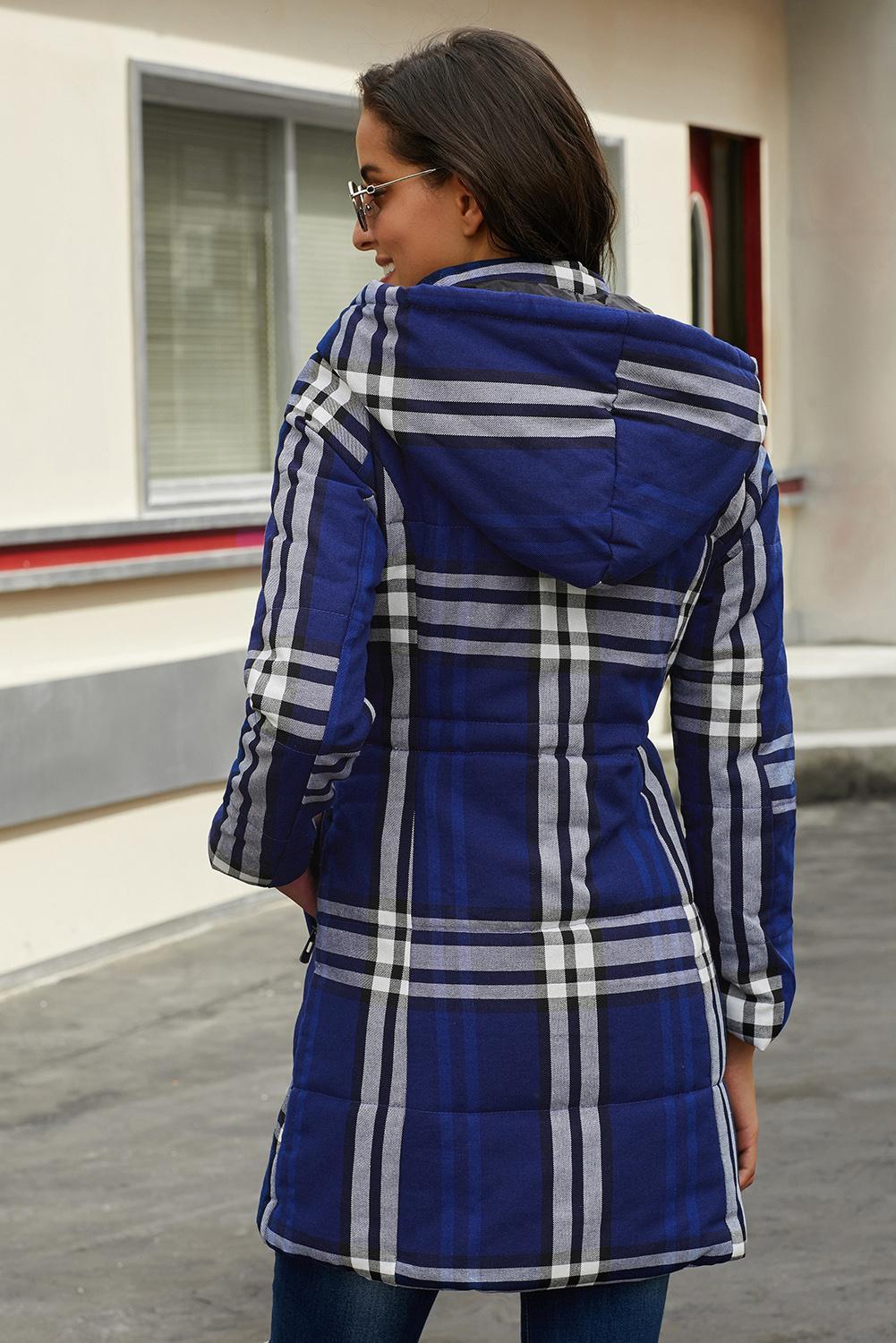蓝色复古格子棉绗缝风衣 LC85189