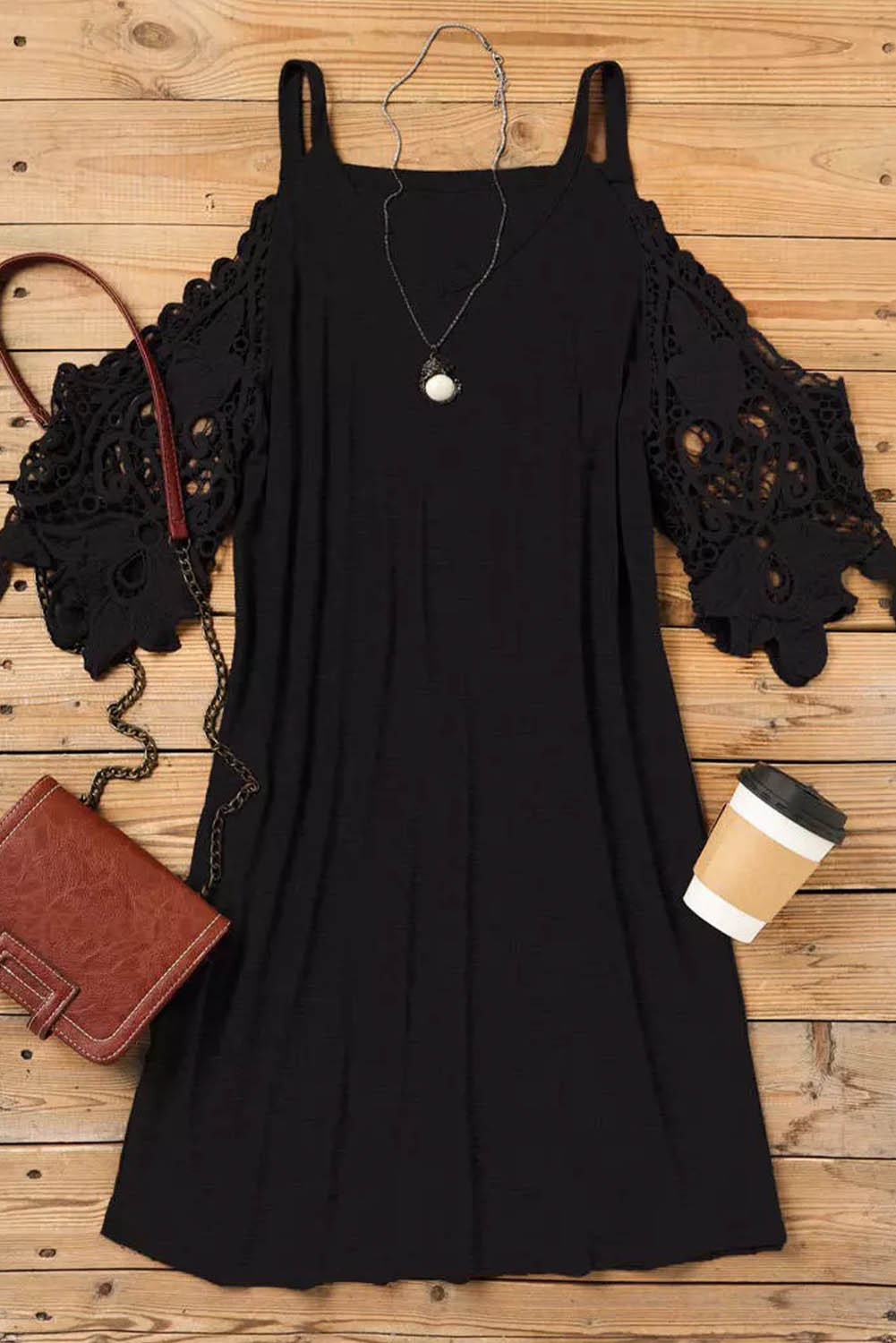 Black Black Lace Splicing Cold Shoulder Mini Dress LC2211457
