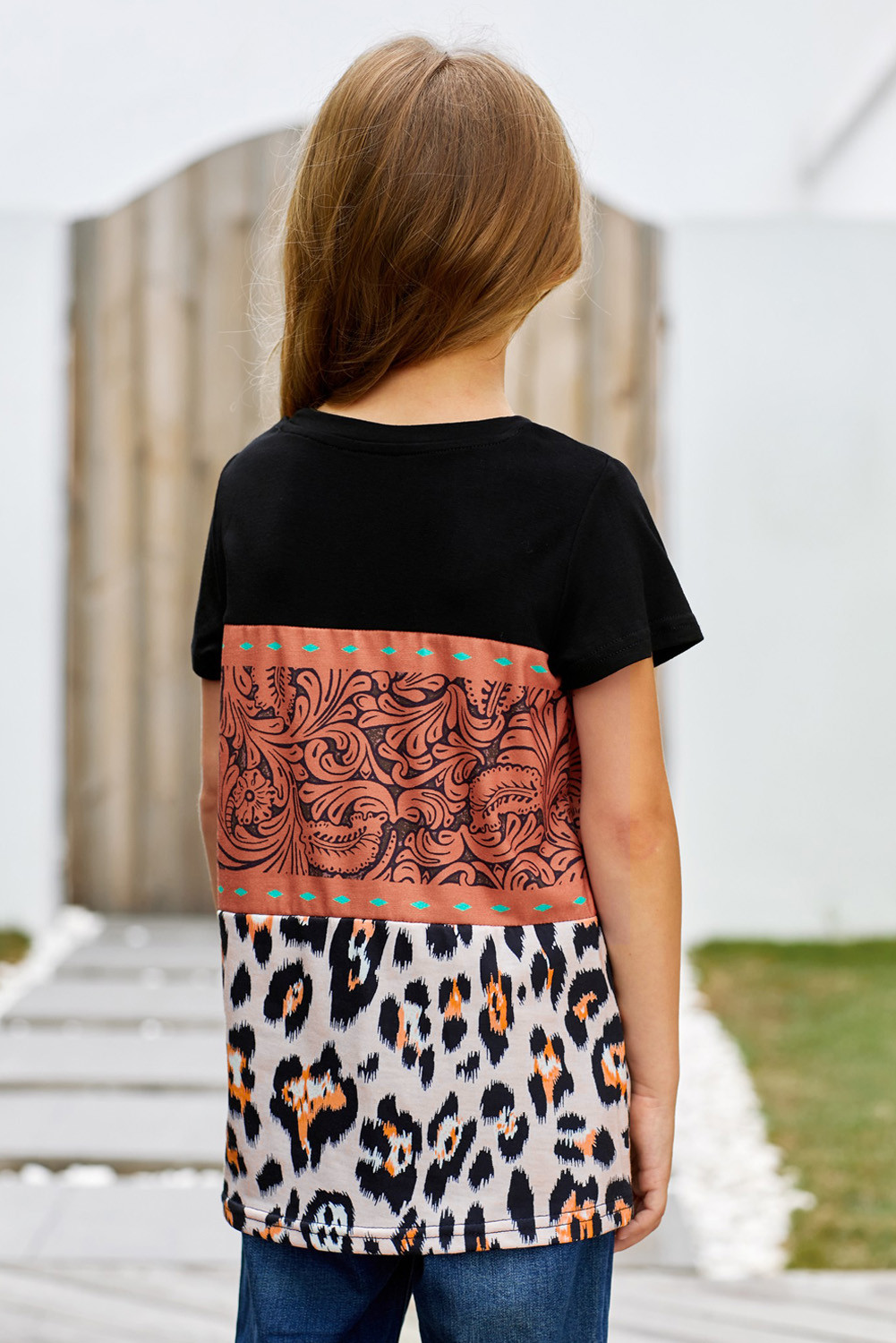 Brown Print Leopard Colorblock Girls' T-shirt LC25074