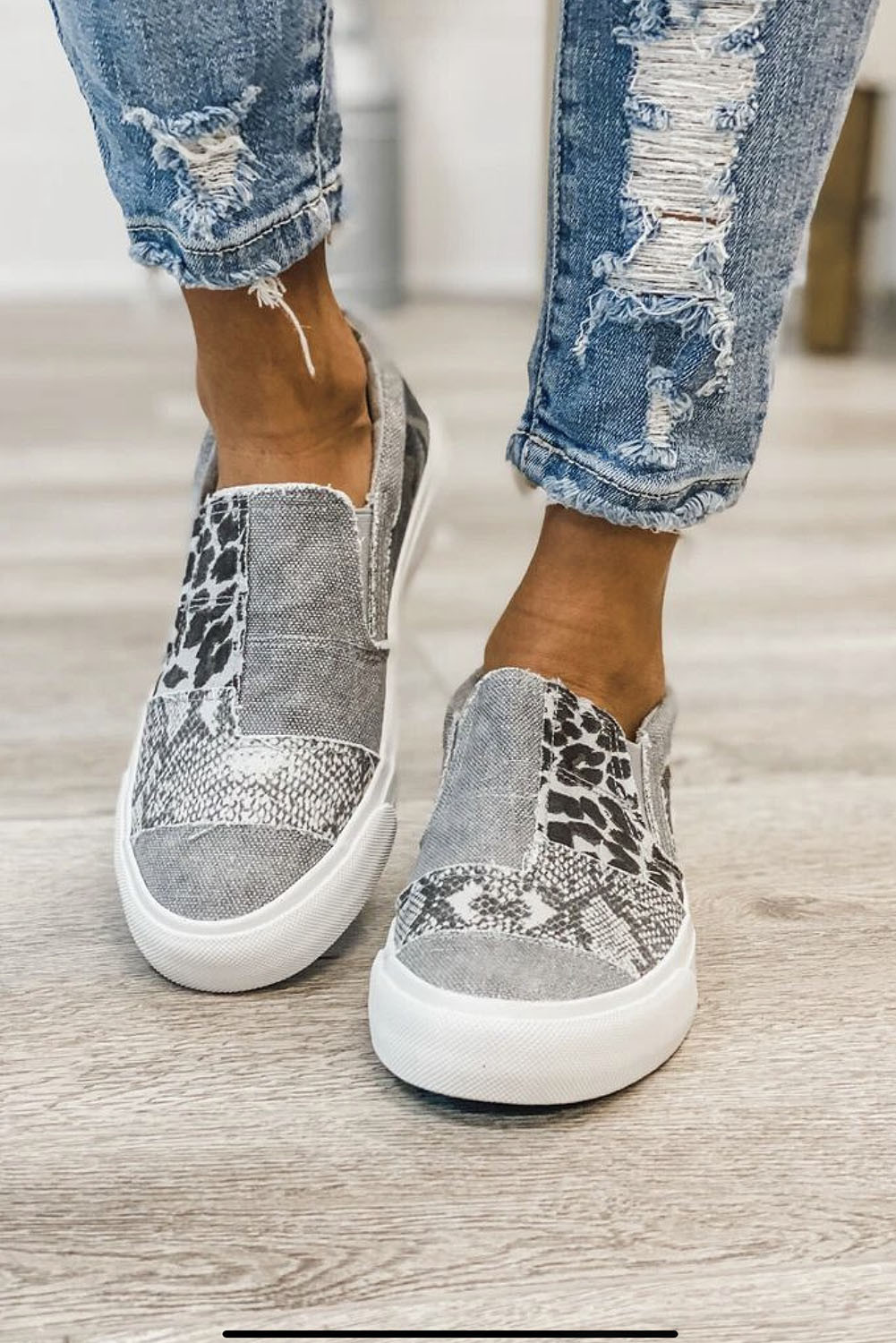 Gray Snake Leopard Mixed Print Slip-on Canvas LC12374