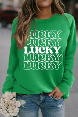 绿色 Lucky字母印花圆领长袖套头衫