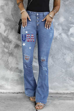 天蓝色 USA 星星印花纽扣做旧喇叭牛仔裤