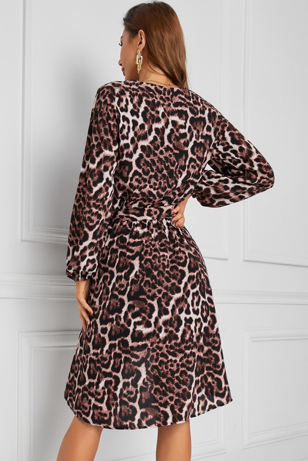 Leopard Wrapped V Neck Puff Sleeve High Low Dress LC2210051