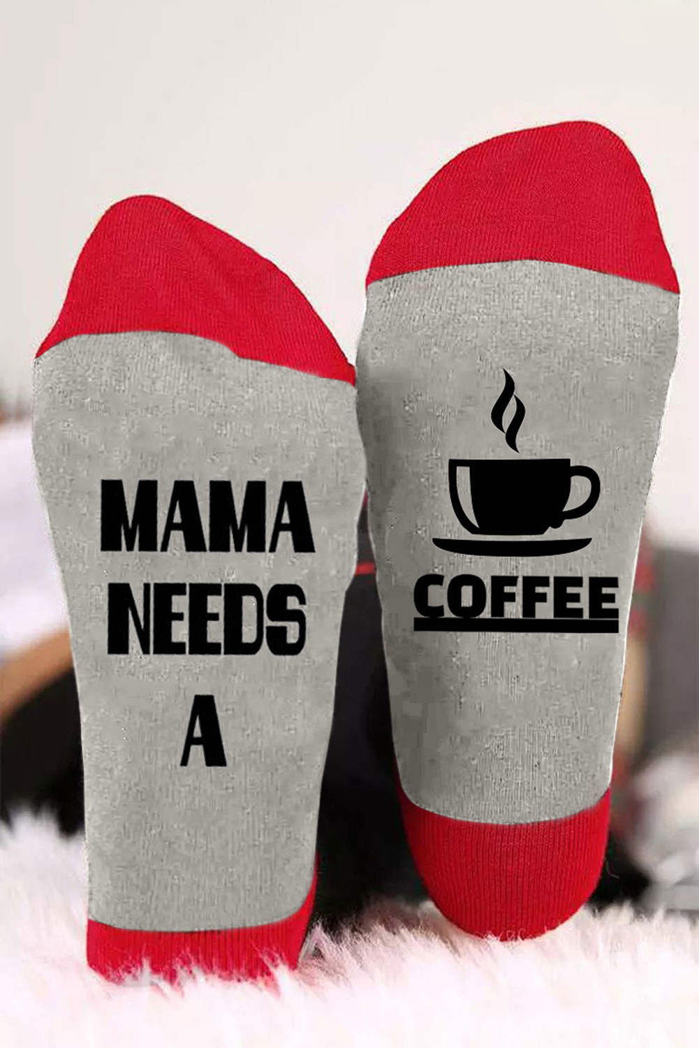 灰色 MAMA NEEDS A COFFEE 图案中筒袜 LC09477