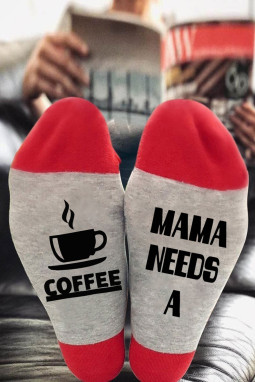 灰色 MAMA NEEDS A COFFEE 图案中筒袜