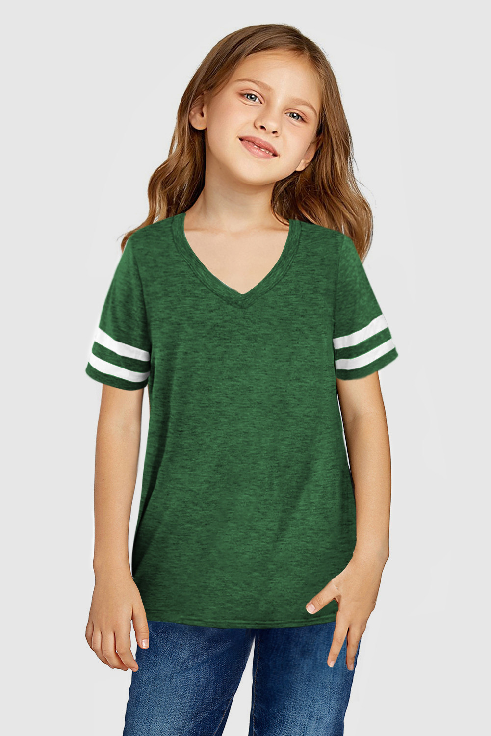 绿色条纹短袖女童上衣 TZ25489