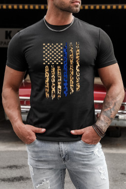 黑色豹纹星星美国国旗图案男式 T 恤