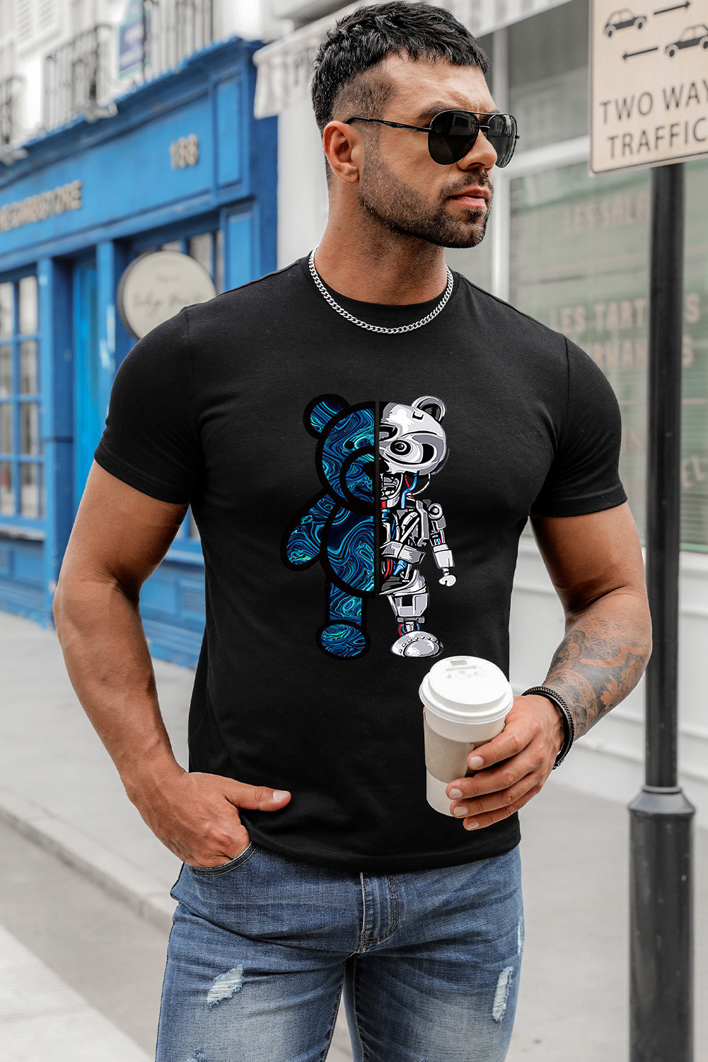 黑色机械熊图案印花短袖男士 T 恤 MC252900