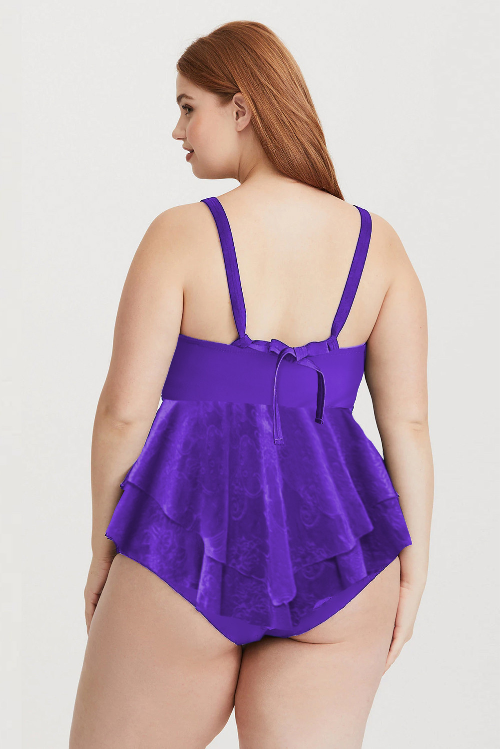 紫色加大码蕾丝褶边连体泳衣 LC411937