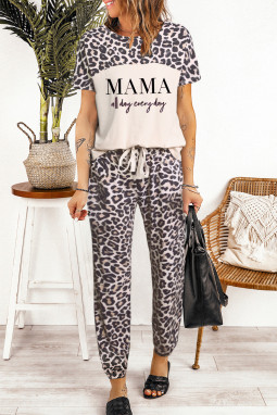 MAMA 豹纹短袖上衣和裤子休闲套装