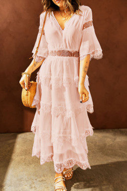 粉色优雅提花透视蕾丝拼接分层连衣裙