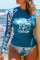 蓝色印花拼接设计插肩袖冲浪服泳装