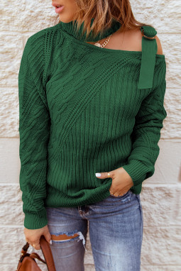 绿色肩带镂空肩部高领毛衣