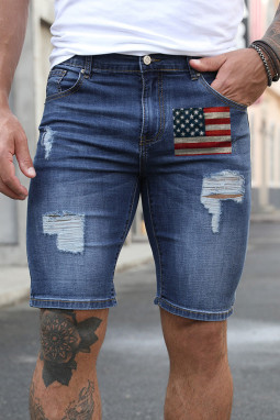 男士美国国旗印花紧身版型仿旧牛仔短裤