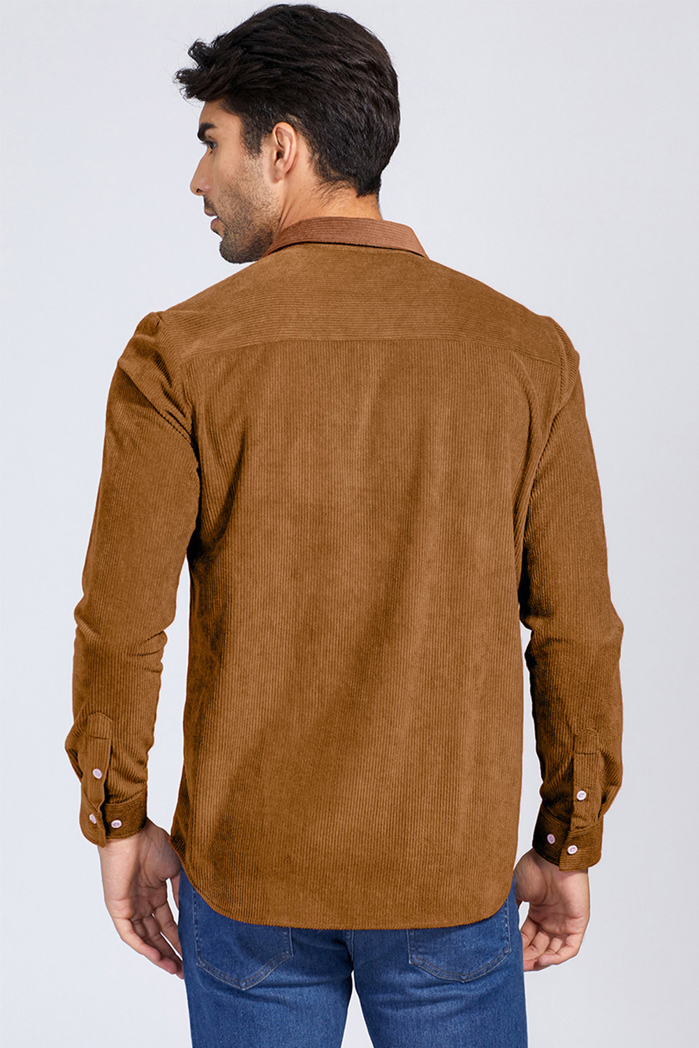 棕色男士灯芯绒翻盖口袋纽扣衬衫 MC255147