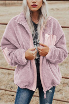 粉色口袋拉链羊羔绒大衣