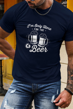 蓝色男士啤酒字母图案印花短袖 T 恤