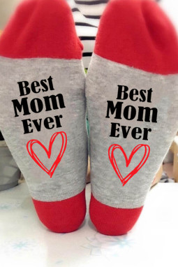 灰色 Best Mom Ever 心形印花中筒袜