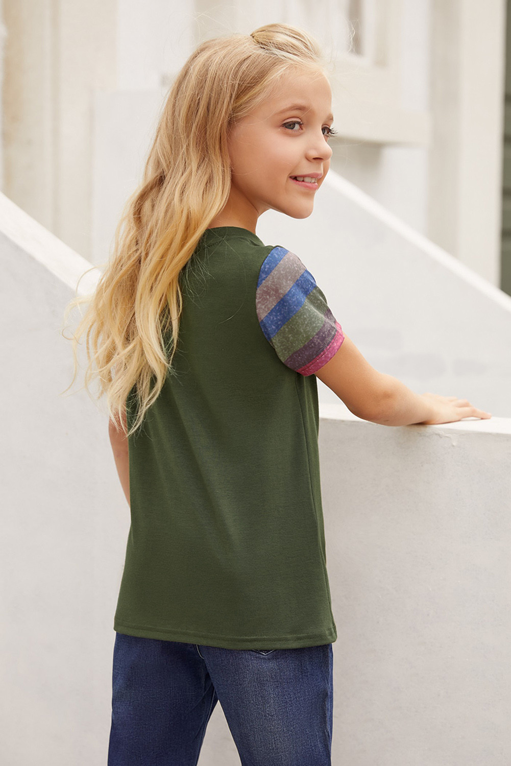 军绿色女童条纹袖 T 恤 TZ25172